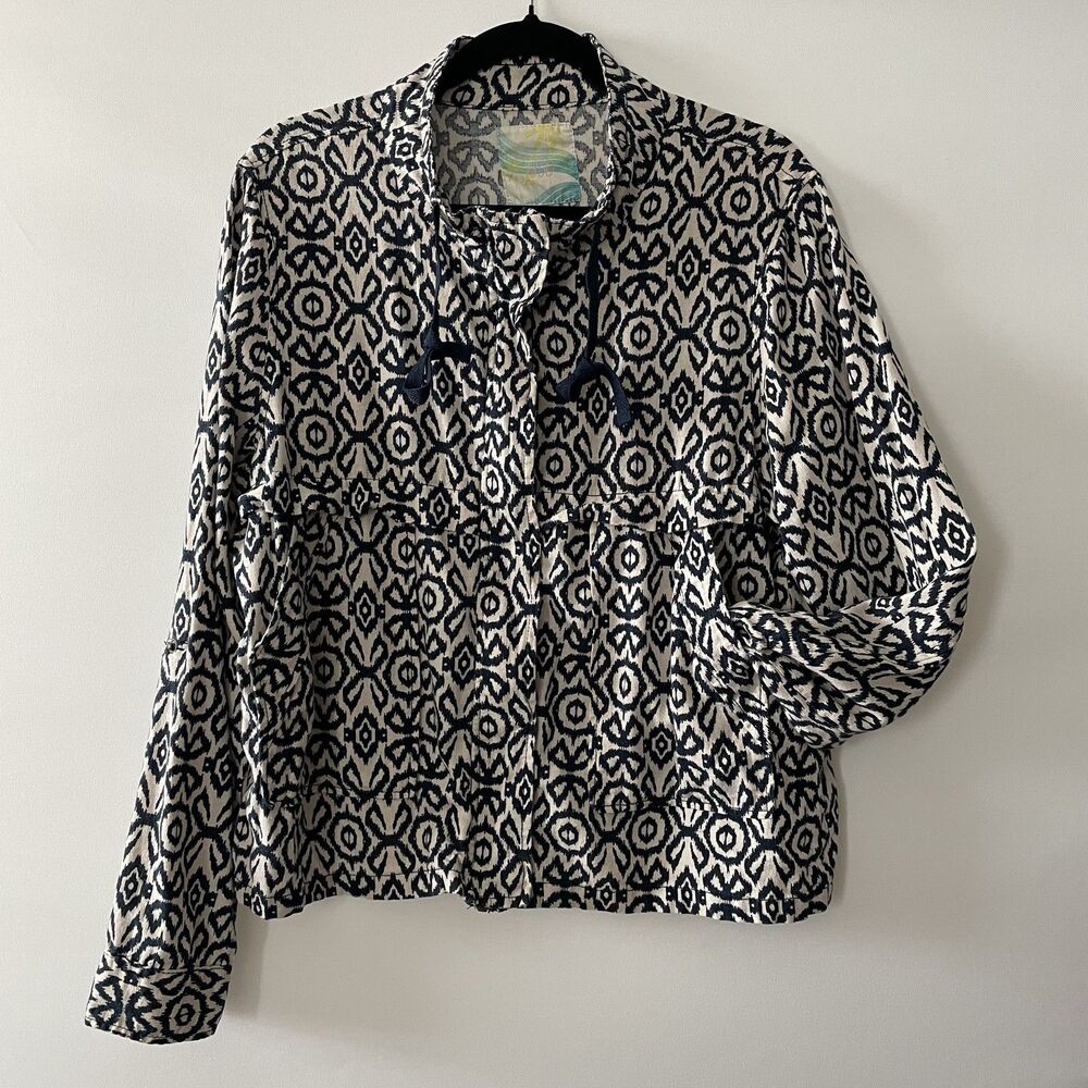 Cali 1850 Jacket Geometric Blue White Linen Blend Women's Size XL -C